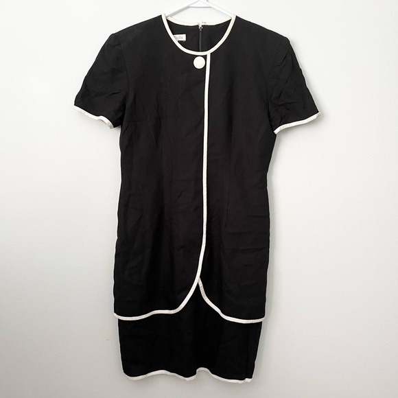 Vintage Anne Taylor Linen Black White 80s Faux Layered Mod Dress Shoulder Pads 8 - Picture 1 of 10